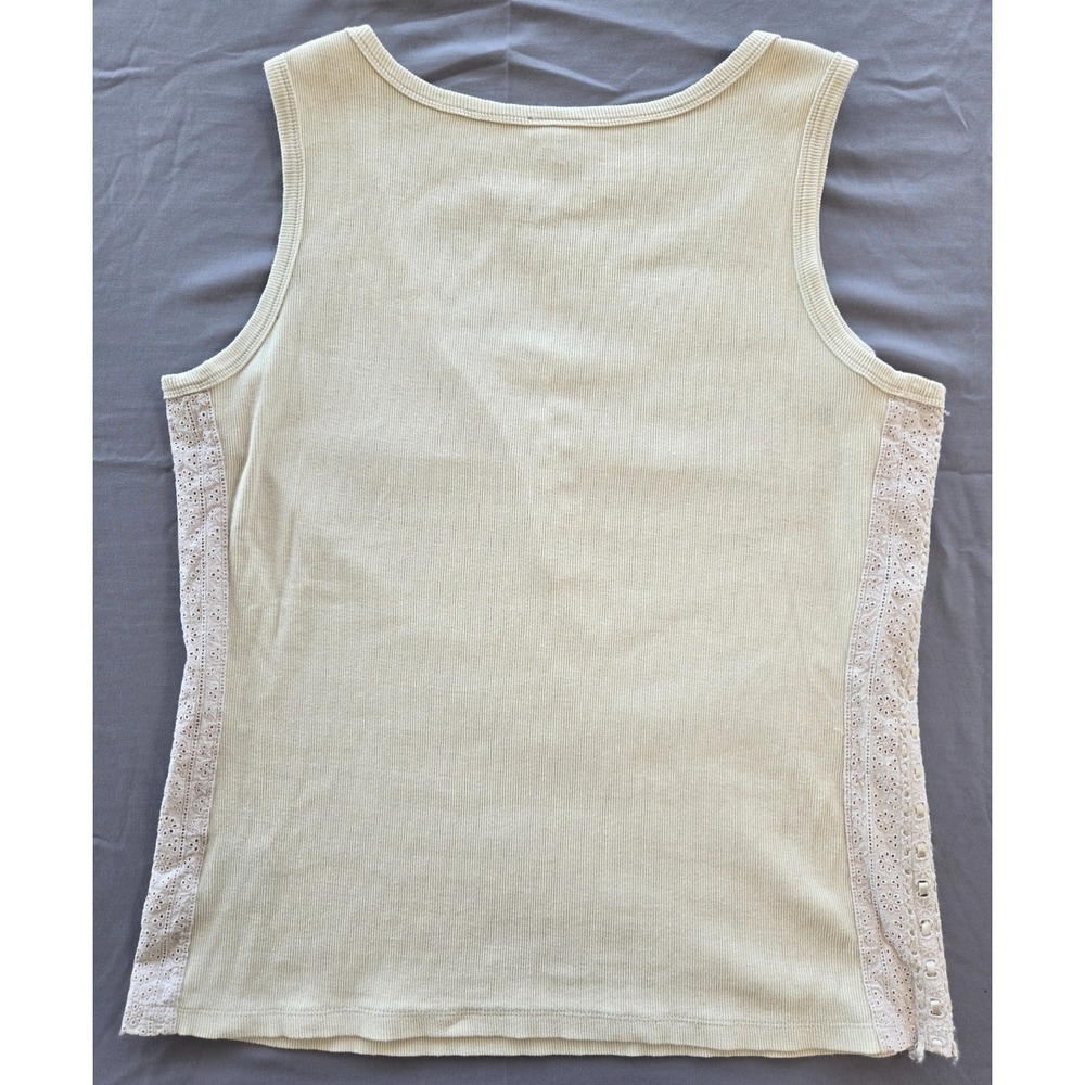 Tribal Lace Tank Top Ribbed Knit Henley Round Neck Pastel Yellow Beige Quiet Lux - Picture 10 of 16